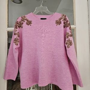New J.crew Sequin Flower Crewneck  Sweater Medium Pink Wool